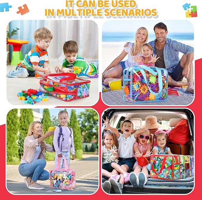 6 Packs Large Toy Storage Bags,Clear Waterproof PVC Toy Storage Organizer with Zipper,Reusable Travel kids Organizer Bags for Board Game,Building Blocks and Puzzles,Colorful