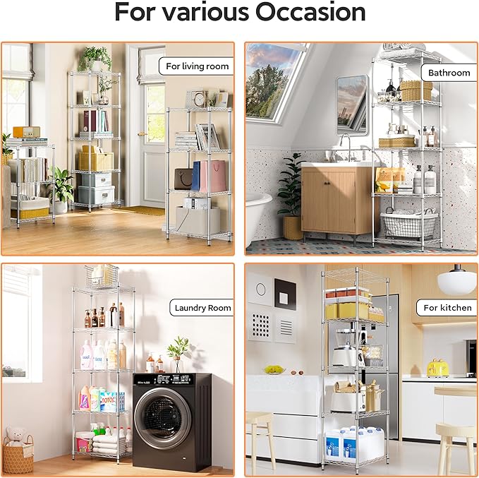 5 Tiers Shelf Metal Storage Shelves Wire Rack Closet Organizers with Wheel for Garage Kitchen Bathroom Laundry Chrome 11.8" D x 17.7" W x 55" H