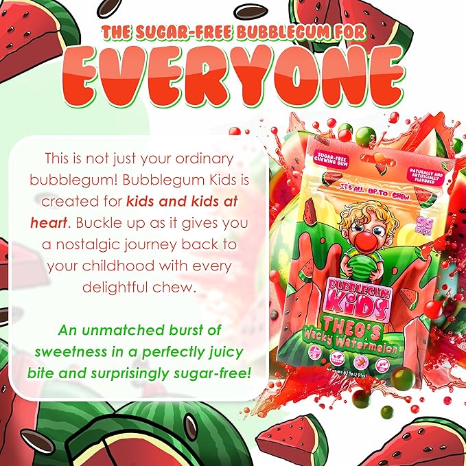 Bubblegum Kids Sugar Free Gum - For Kids and Adults - Vegan Friendly - Retro, Parent Approved Bubble Gum with Burst of Sweet Flavor - Theo's Wacky Watermelon (Watermelon 6-Pack)