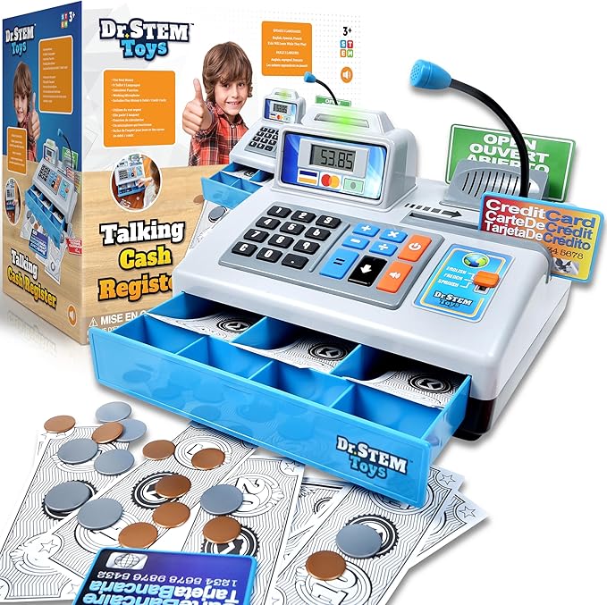 Dr. STEM Toys | Talking Toy Cash Register | STEM Learning 69 Piece Pretend Store with 3 Languages, Paging Microphone, Credit Card, Bank Card, Play Money and Banking for Kids, Silver