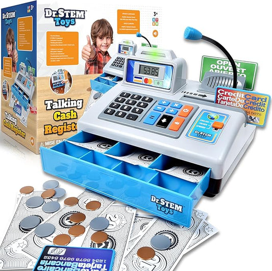 Dr. STEM Toys | Talking Toy Cash Register | STEM Learning 69 Piece Pretend Store with 3 Languages, Paging Microphone, Credit Card, Bank Card, Play Money and Banking for Kids, Silver