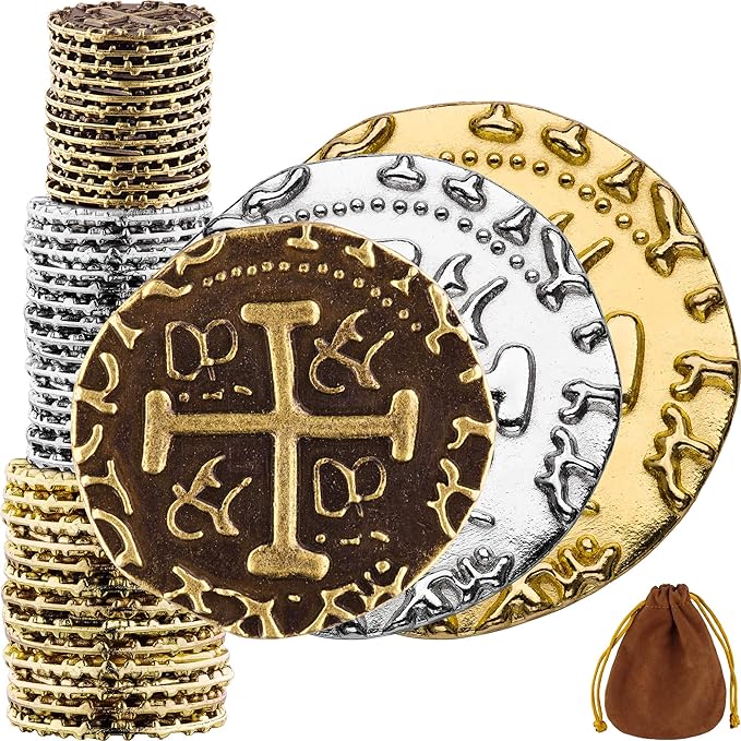 Large Pirate Coins - 36 Bronze, Silver & Gold Treasure Coin Set - Metal Replica Spanish Doubloons for Board Games, Tokens, Cosplay, Realistic Money Imitation, Pirate Treasure Chest - M, L, XL Sizes