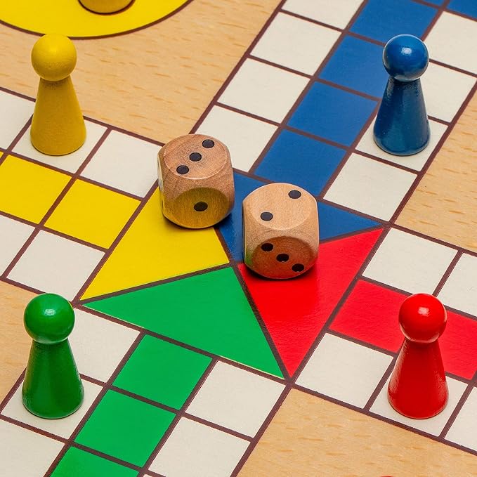 Yellow Mountain Imports 2-in-1 Reversible Wooden Snakes and Ladders, Ludo Game Set - 11.3 inches