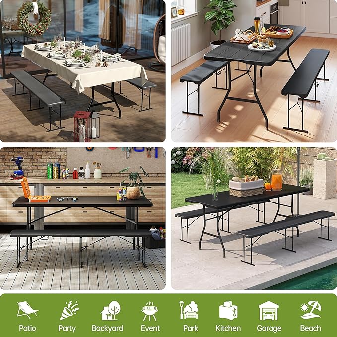 Real Relax 6' Picnic Table with 2 Benches, 3 Piece Black Wood Grain Portable HDPE Folding Camping Table and Benches for Courtyard, Garden, Outdoor Leisure, Party