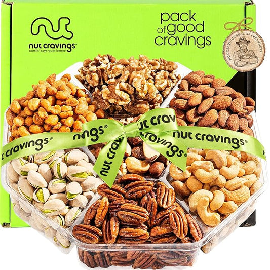 NUT CRAVINGS - Mixed Nuts Gift Basket + Green Ribbon (7 Assortments, 1 LB) Food Arrangement, Healthy Snack Care Package, Kosher