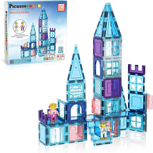 PicasssoTiles 72 Piece Magnetic Building Tiles Castle Winter Ice Theme Construction Magnet Block Set with Princess Prince Character Stairs Windows Doors STEM Learning Educational Toy Kids Ages 3+ PT72