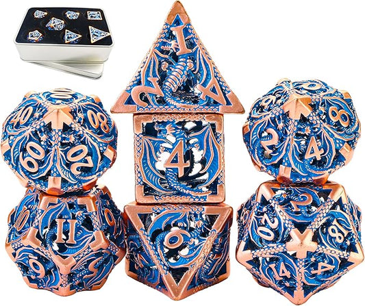 Metal DND Dice Set Dungeons and Dragon Dice Set Hollow Dragon Polyhedral Magic 7 PCS Dice Set with Gift Metal Box for Dungeons and Dragons Table Games Play Cards MTG(Dragon_Pearl Red Copper Blue)