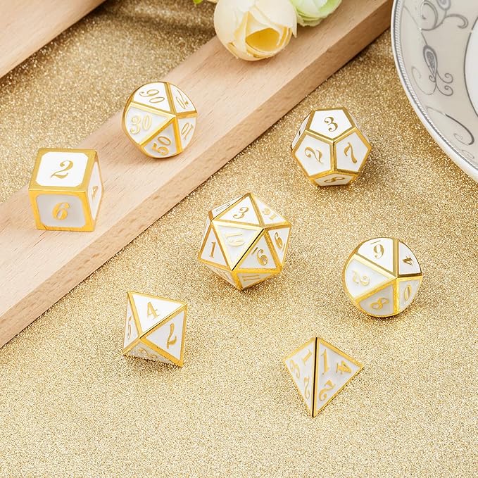 DnDnD White with Gold Number DND Dice Sets,Solid Metal Die with Free Gorgeous Metal Tin for Dungeons and Dragons D&D Role Playing Game Tabletop Games
