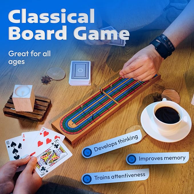 Cribbage Board Game Set with Storage - Classic Game Travel Cribbage Board with Wooden Card Storage for Adults & Kids - Ideal for Game Night