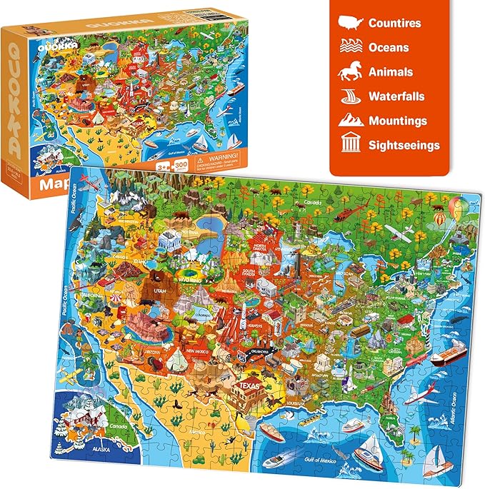 QUOKKA Puzzles for Kids Ages 4-6 - 3 Set 300 Piece Puzzles for Kids 6-8 - Learning Map of The United States World Space Puzzle - Educational Games for Kid 8-10 - Toys for 12 Year Old Boys and Girls
