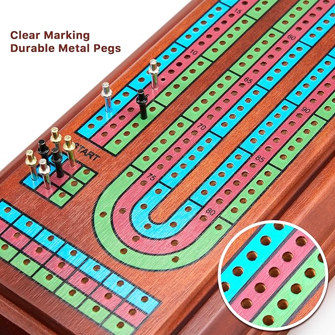 Wooden Cribbage Board Game Set with Large Storage Area,9 Metal Pegs & 2 Playing Cards Continuous Solid Wood 3 Track Board Travel Portable Cards Games for Adults Family