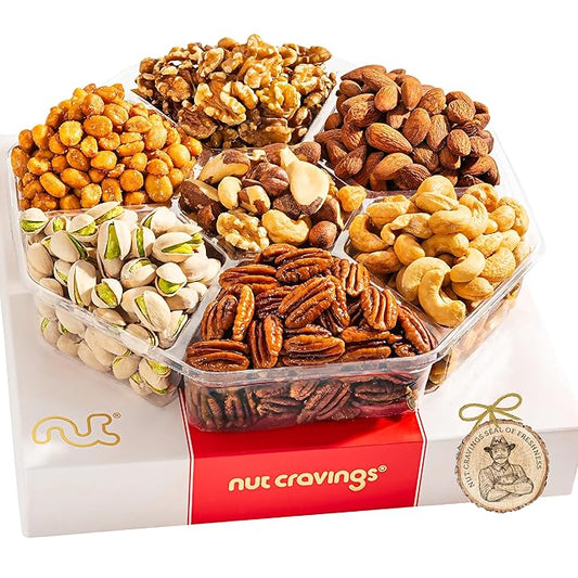 NUT CRAVINGS - Mixed Nuts Gift Basket in Red Gold Box (7 Assortments, 2 LB) Food Arrangement, Healthy Snack Care Package, Kosher