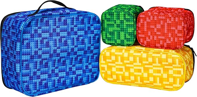 4-piece Kids Toy Storage Organizer Set Bag for Lego Building Bricks with See Through Clear TPU Top, Small Toy Packing Cube Bags, Clean Up Container case (grid pattern)