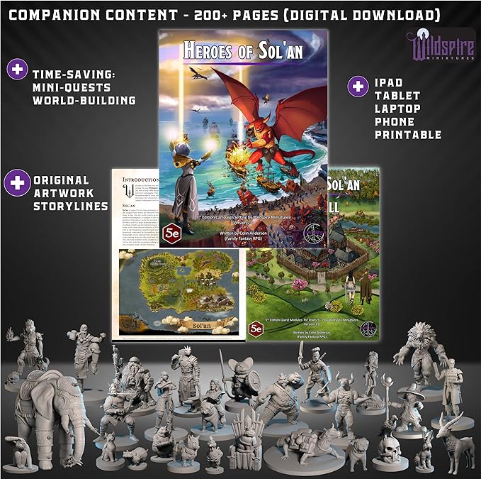 Heroes, NPC Animal Companions & Troll King for DND Miniatures Bulk 28mm-32mm Unpainted Paintable Dungeons and Dragons Minis Pathfinder Figures for Fantasy Tabletop Roleplaying Games like D&D