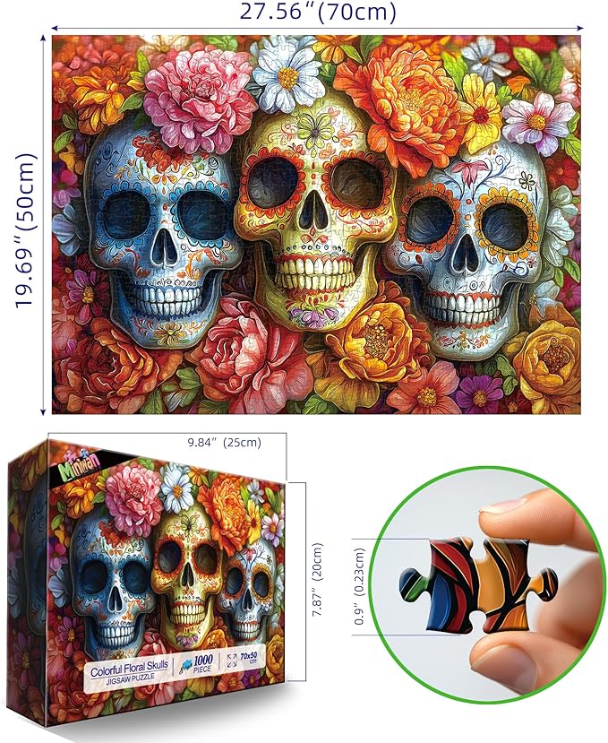 Halloween Sugar Skulls Floral 1000 Piece Jigsaw Puzzle for Adults Colorful Day of The Dead Challenging Mexican Folk Art Puzzle for Game Night Unique Gift for Puzzle Lovers (27x20 Inches)