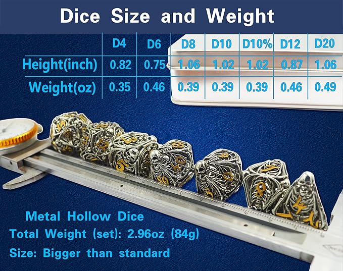 Metal DND Dice Set Skull Dungeons and Dragon Dice Set Hollow Polyhedral Magic 7 PCS Dice Set with Gift Metal Box for Dungeons and Dragons Table Games Play Cards MTG(Skull_Ancient Silver and Gold)