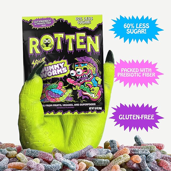 Rotten Sour Gummy Worms - Low Sugar, Low Calorie, 7g Gut-Friendly Prebiotic Fiber and 3g Protein, Gluten Free Candy - 1.8 oz - 8-Pack