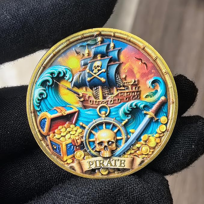 Pirate Challenge Coin with Skull and Ship Design - Treasure Island Adventure Coin, 1.57” with Protective Case