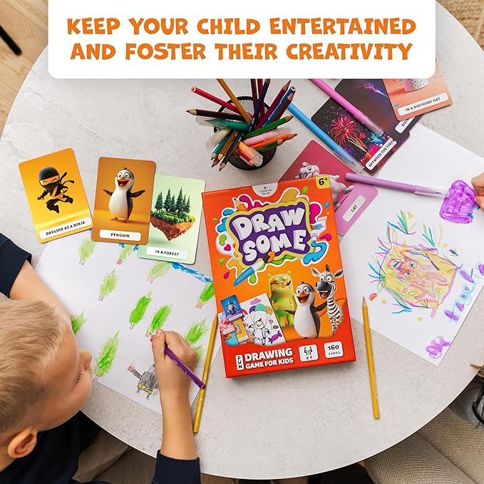 Drawsome Drawing Game for Creative Kids – 160 Prompt Cards with Characters, Actions, Styles & Places to Spark Imagination – Fun Single Player & Family Art Game with Painting Ideas