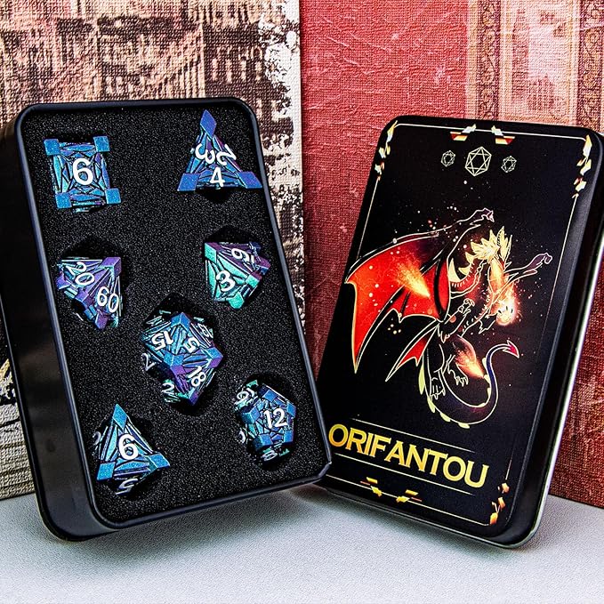 7PCS Metal DND Dice Set with Box, Debris RPG Green Purple D and D Dice for use with D&D Tabletop Games Role Playing Game Polyhedral Dice Set D20 D12 D10 D8 D6 D4