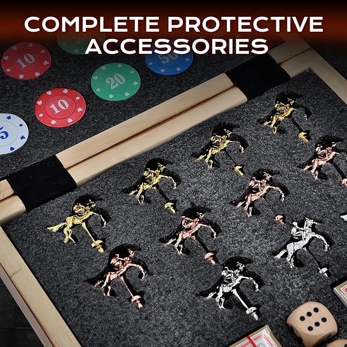 MerryPony 21 Inches Large Horse Racing Game with 11 Metal Horses, Foldable Solid Wood Horse Race Board Game with 100 Pcs Poker Chips 2 Dice and 2 Pack of Cards for Family Friends Camping Party