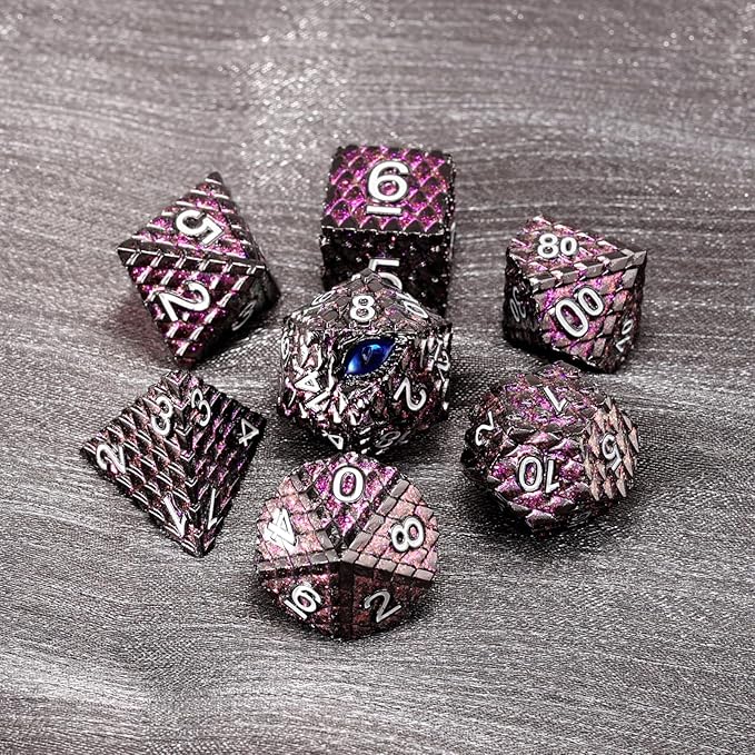 Metal Dice Set D&D,7 PCS Dragon Scale Metallic DND Dice Set,Dragon Eye Metal Dice with Grogeous Gift Case for Dungeons and Dragon Tabletop Game (Glitter Purple Dragon Scale & Blue Eye)