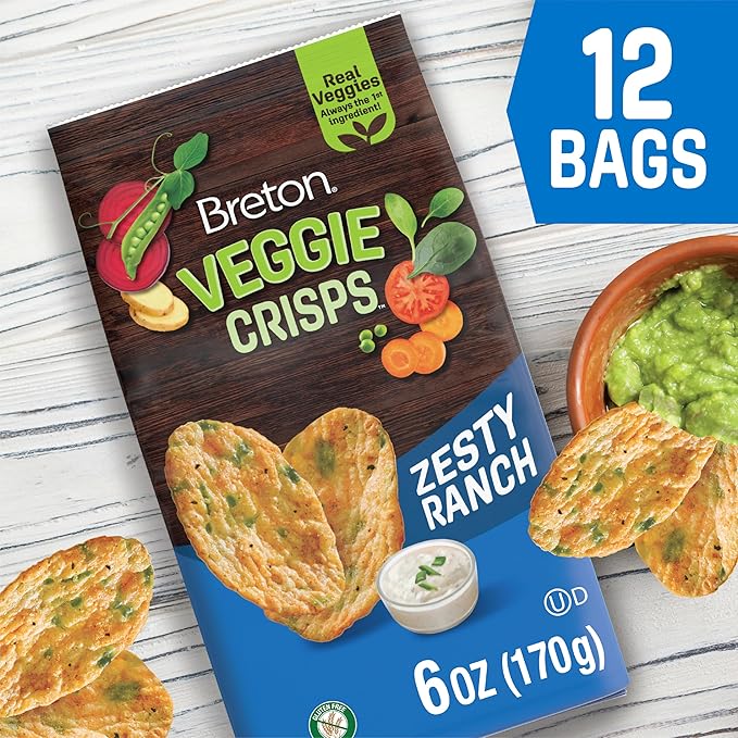 Breton Veggie Crisps Zesty Ranch (Pack of 12) - Popped not Fried Crisps, Made with Real Vegetables, Light and Crispy Gluten Free Chips, Snacks for School, Lunch Box and More, 12x6oz