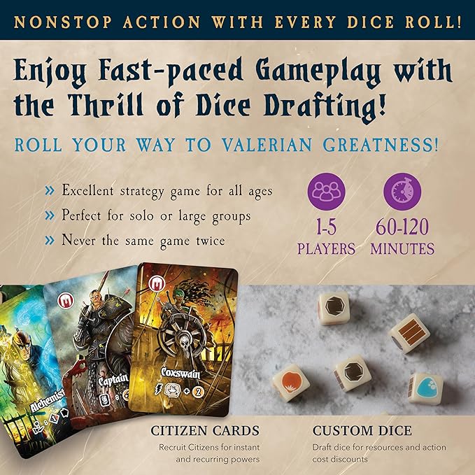 Castellans Board Game - Valeria Universe of Games - Strategy Board Game with Dice Drafting, Resource Management, and Area Control. Game Night for 1-5 Players, Solo Game Mode