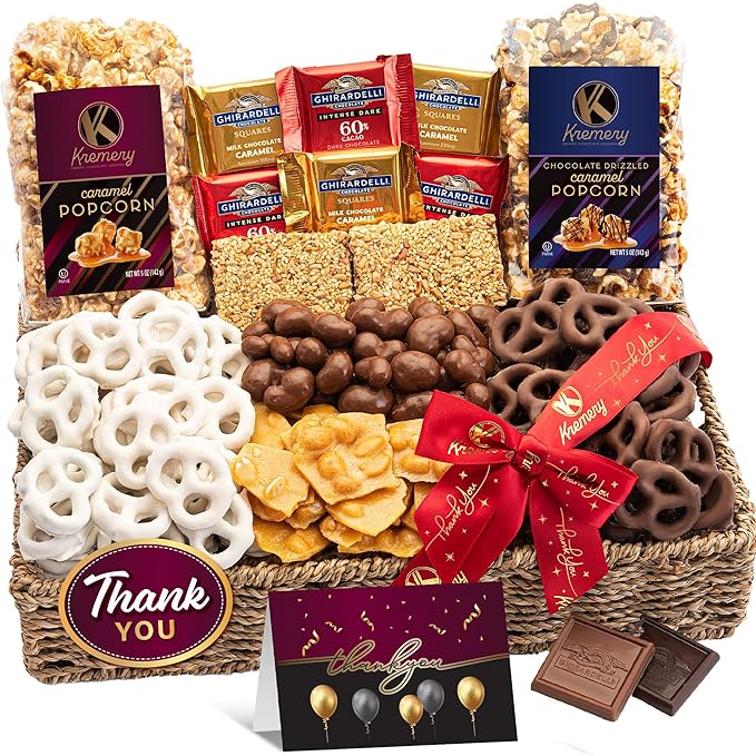 KREMERY Creamy Chocolate Cravings - Thank You Appreciation, Chocolate Covered Pretzels & Caramel Popcorn Gift Basket, in Seagrass Tray + Ribbon & Greeting Card (Deluxe, 3.5 lbs) Kosher Dairy, USA Made