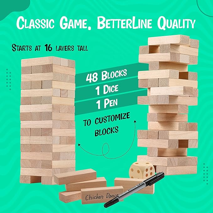 BETTERLINE Wooden Tower Stacking Blocks Game - 48 Pieces - Tumbling Tower Toy for Kids & Adults - Classic Family Game