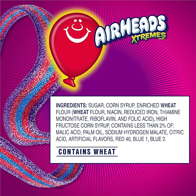 Airheads Xtremes Sweetly Sour Candy Belts, Halloween Trick or Treat Taffy Candy Variety Pack, Individually Wrapped Bulk Candy for Adults & Kids, Very Berry Flavor Artificially Flavored, 18 Count Box