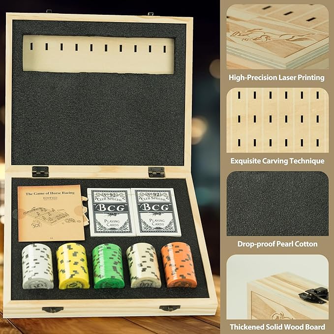 Foldable Horse Race Board Game, Family Dice Game with Solid Wood Board, 12 Horses, 2 Pokers, 100 Chips, Fair Horse Racing Game, Easy Storage, Parties, Family Nights, Gifts, GSM201
