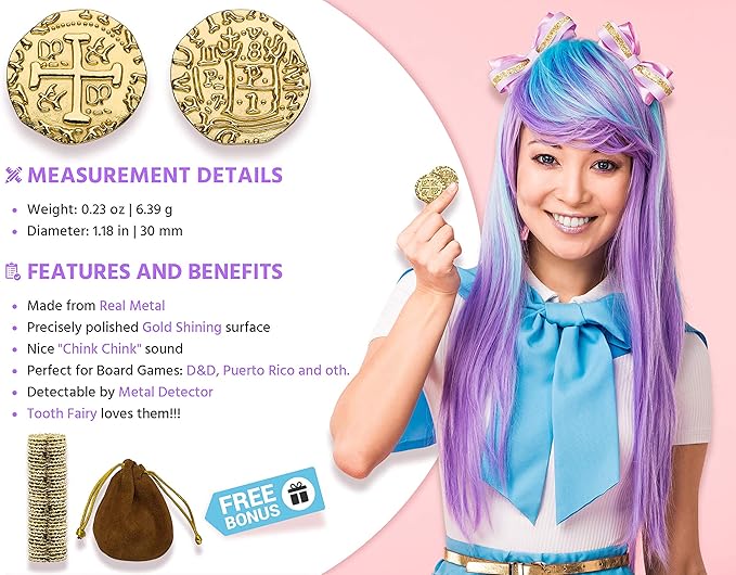 Large Metal Pirate Coins – 100 Gold Treasure Coin Set, Metal Replica Spanish Doubloons for Board Games, Tokens, Toys, Cosplay – Realistic Money Imitation for Treasure Chest - Size 1.18"