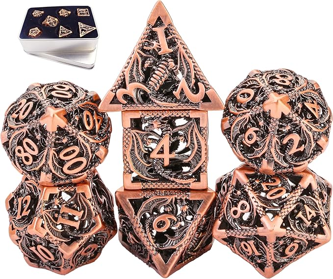 Metal DND Dice Set Dungeons and Dragon Dice Set Hollow Dragon Polyhedral Magic 7 PCS Dice Set with Gift Metal Box for Dungeons and Dragons Table Games Play Cards MTG(Dragon_Ancient Red Copper)