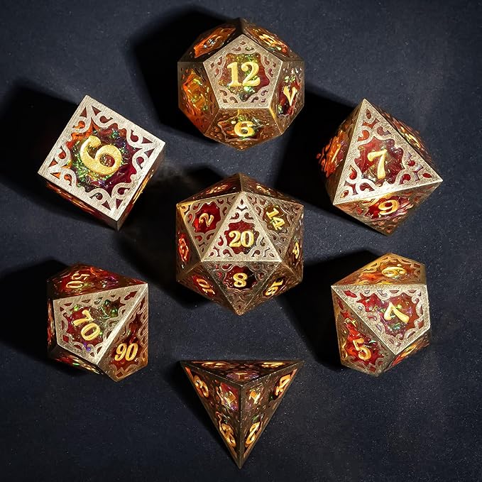 Cusdie 7-Piece Metal Frame Sharp Edges DND Dice Set with Metal Frame- Perfect for Tabletop RPGs Board Games Gifting and Collecting(Red and Yellow)