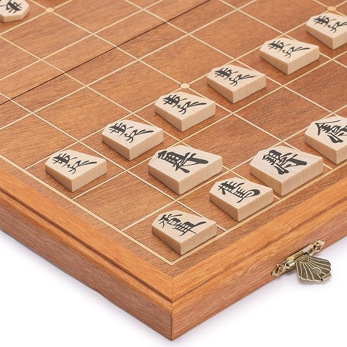 Yellow Mountain Imports Folding Wooden Shogi Japanese Chess Game Set with Traditional Koma Playing Pieces - 12.7 Inches