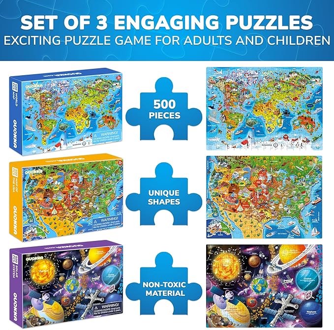 QUOKKA Puzzles for Adults 500 Pieces - 3 Set Floor Puzzles for Kids Ages 8-10 - Learning Map of The United States World Space - Educational Games for Kids 6-8 - Toys for 12 Year Old Boys and Girls