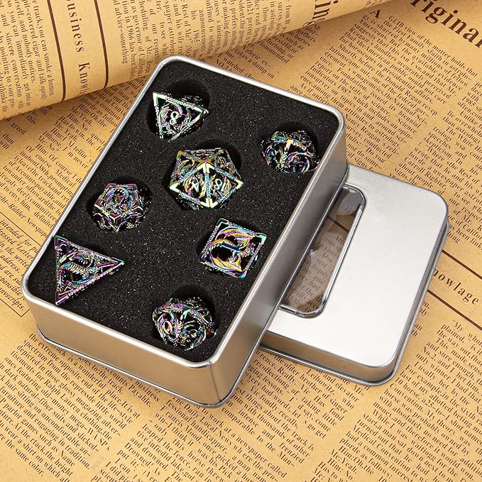DND Dice,Hollow D&D Metal Dice,Dungeons and Dragons Dice Set with Gift Box,7 PCs Steampunk Polyhedral Dice Games Set for RPG,MTG,Pathfinder,