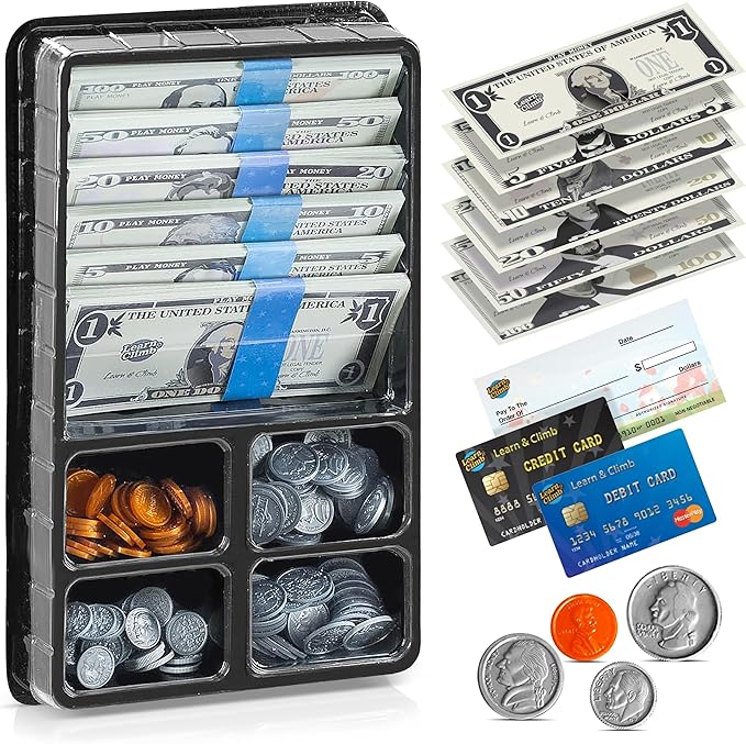 Play Money Set for Kids, Fake Pretend Cash – Looks Real, Best Toy Currency for Fun and Learning – Kit Includes: Bills, Coins, Credit Card, and Checkbook