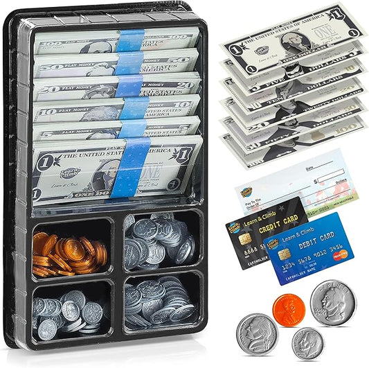 Play Money Set for Kids, Fake Pretend Cash โ Looks Real, Best Toy Currency for Fun and Learning โ Kit Includes: Bills, Coins, Credit Card, and Checkbook