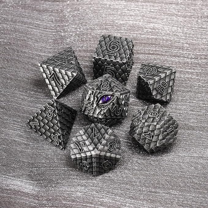 Metal Dice Set D&D,7 PCS Dragon Scale Metallic DND Dice Set,Dragon Eye Metal Dice with Grogeous Gift Case for Dungeons and Dragon Tabletop Game (Old Grey Dragon Scale & Purple Eye)