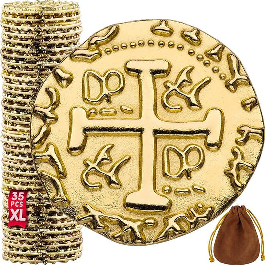 Large Metal Pirate Coins โ 35 Gold Treasure Coin Set, Metal Replica Spanish Doubloons for Board Games, Tokens, Toys, Cosplay โ Realistic Money Imitation for Treasure Chest - Size 1.18"