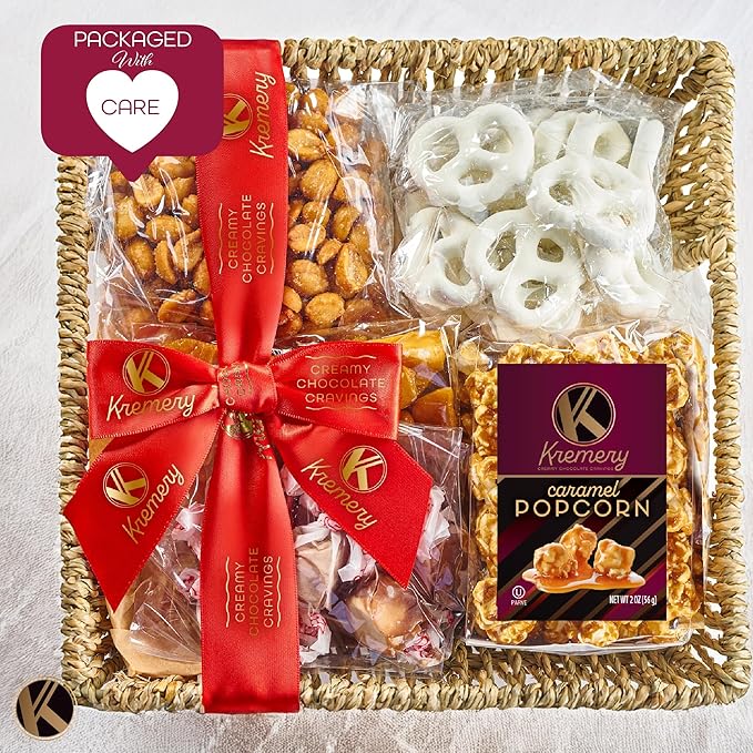 KREMERY Creamy Chocolate Cravings - Chocolate Covered Pretzels & Caramel Popcorn Gift Basket, in Seagrass Tray + Ribbon (Classic, 1.5 lbs) Food Arrangement, Kosher Dairy, USA Made