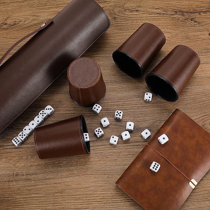 2 Set Leather Dice Cup Set, 10x Dice Cups + 50 Dice + Exclusive Storage and Transport Case Made of Faux (2 Pack Brown)