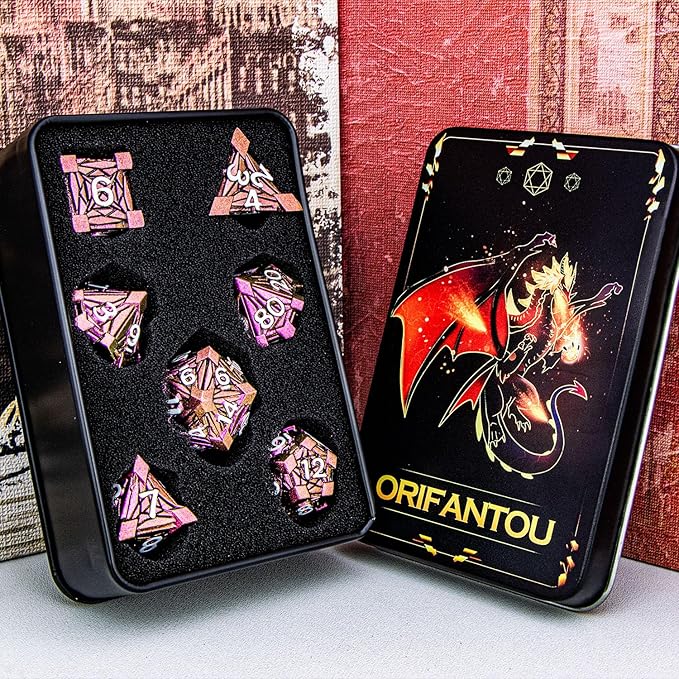 7PCS Metal DND Dice Set with Box, Debris RPG Red D and D Dice for D&D Tabletop Games Role Playing Game, Polyhedral Dice Set D20 D12 D10 D8 D6 D4