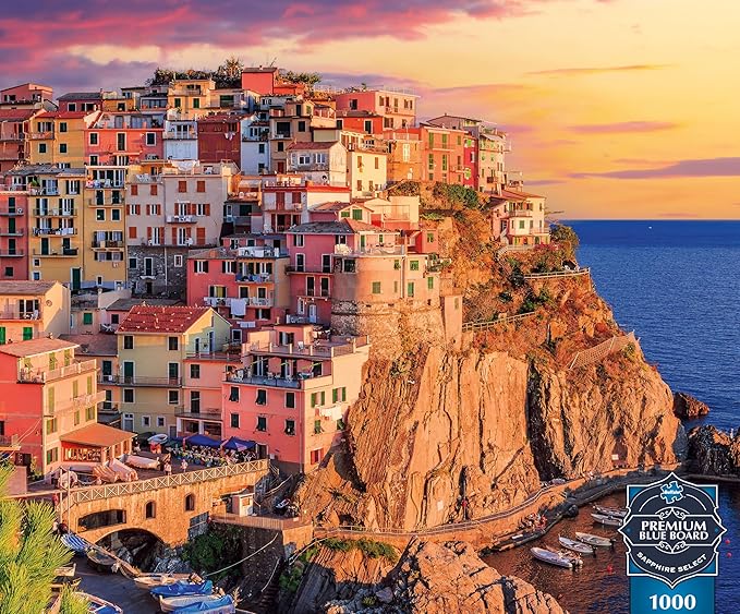 Buffalo Games - Sapphire Select - Cinque Terre Sunset - 1000 Piece Jigsaw Puzzle – Challenging & Fun – Blue Core Puzzle Board – Giftable Display Box - Full Size Poster Included