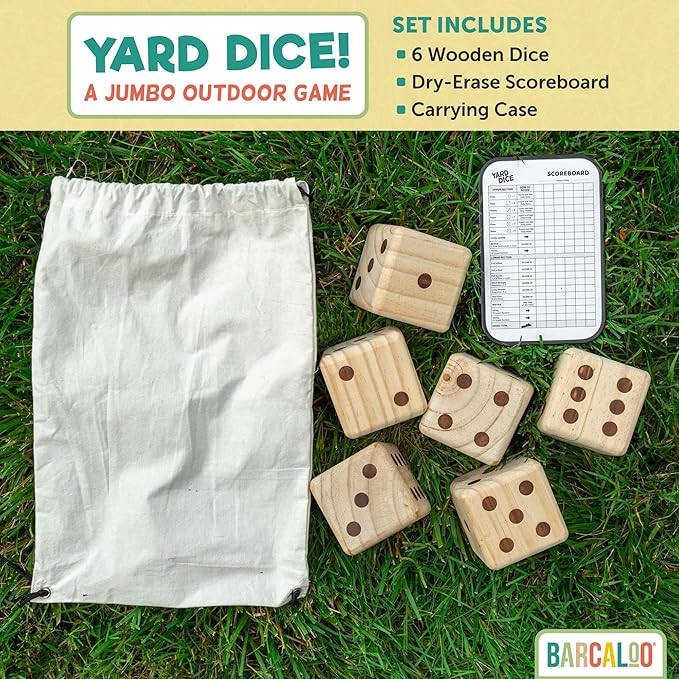 Barcaloo Yardzee Outdoor Family Games, Six 3.5" Giant Wooden Dice Games for Families (Unstained)