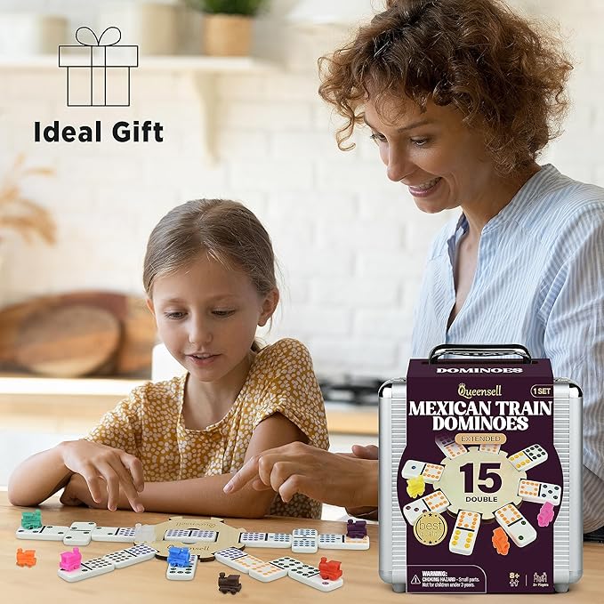 Queensell Mexican Train Dominoes Set Double 15, Dominoes Set for Adults and Family, Mexican Train Double 15 Dominoes Set Colored Dot - 136 Tiles, 9 Trains, Wooden Hub, Aluminum Case (Double 15)