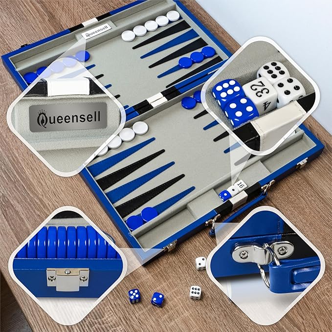 Backgammon Sets for Adults – 15-Inch PU Leather Board Game – Classic 2-Player Travel Backgammon Set with 32 Playing Pieces, Dice, and Cups