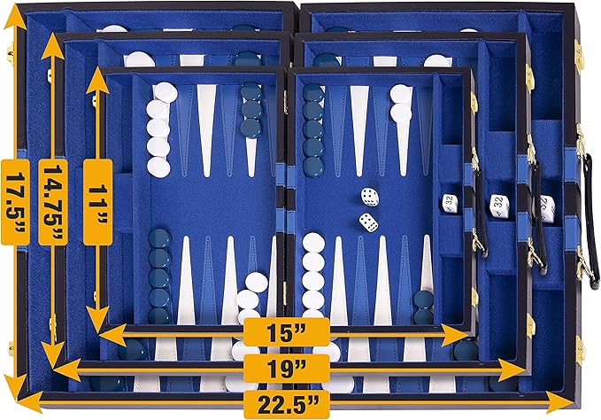 Backgammon Set 15 inch, Medium - Classic Board Game for Adults and Kids with Premium Leather Case - Includes Strategy & Tip Guide (Blue)